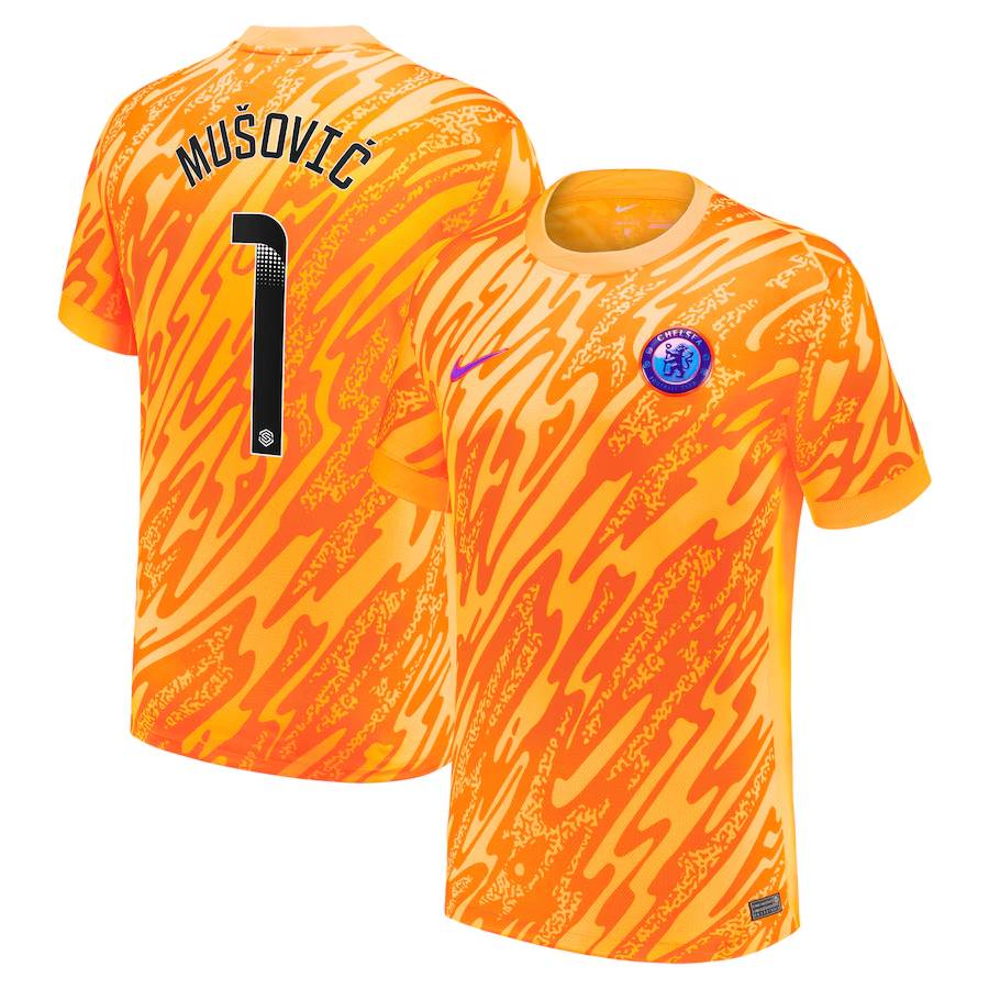 Chelsea FC chelsea wsl nike goalkeeper stadium shirt 2024-25 – kids with mušović 1 printing Jerseys - Official Football Shirts UK